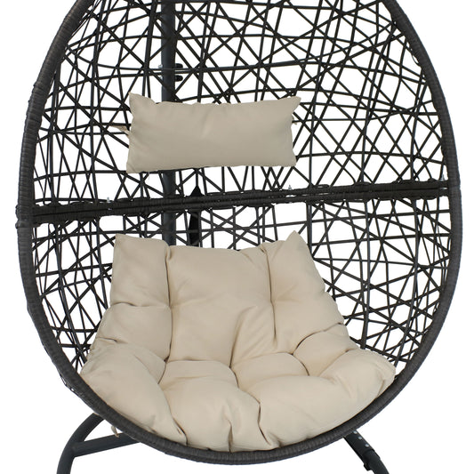 Sunnydaze Caroline Hanging Egg Chair with Stand - Resin Wicker - Beige Cushions