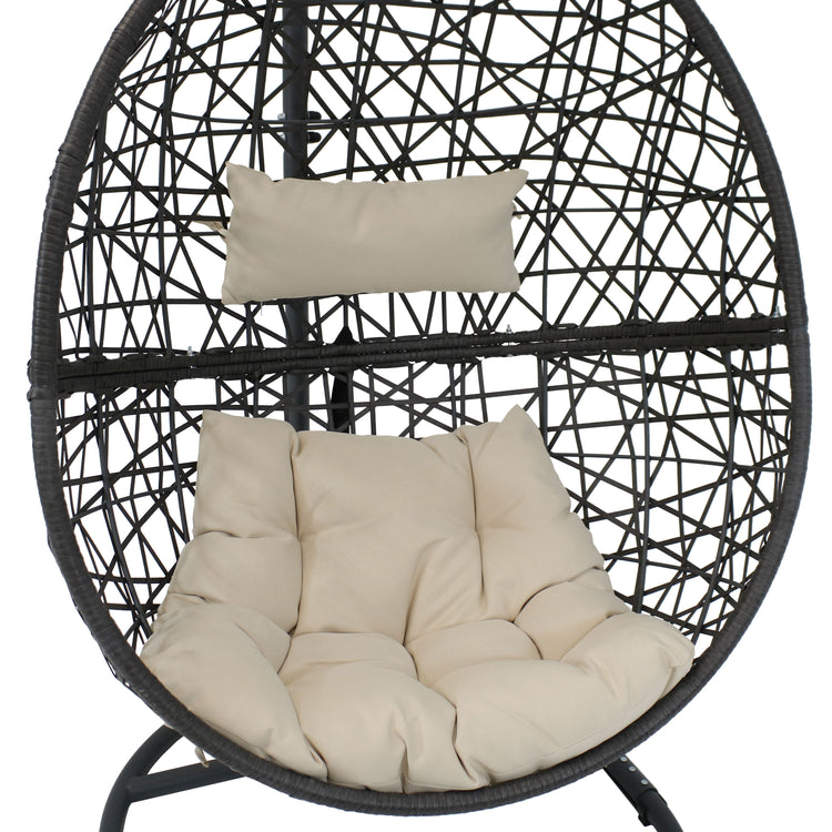 Sunnydaze Caroline Hanging Egg Chair with Stand - Resin Wicker - Beige Cushions