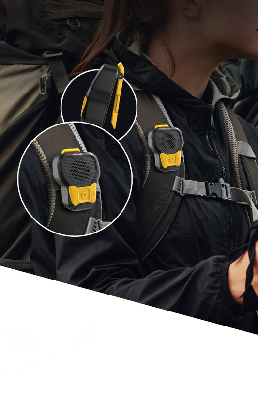 Two black and yellow electronic devices with a close-up inset showing a strap attachment on a white background.