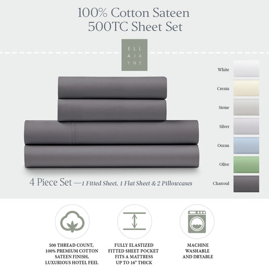 Ella Jayne 500 Thread Count Cotton Sateen 4-Piece Sheet Set - Charcoal