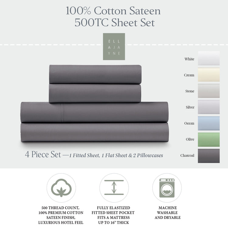 Ella Jayne 500 Thread Count Cotton Sateen 4-Piece Sheet Set - Charcoal