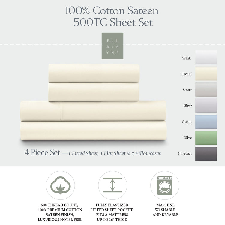 Ella Jayne 500 Thread Count Cotton Sateen 4-Piece Sheet Set - Cream