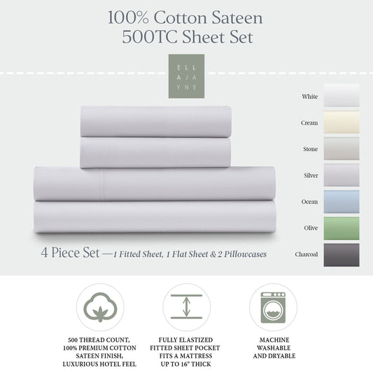 Ella Jayne 500 Thread Count Cotton Sateen 4-Piece Sheet Set - Lilac