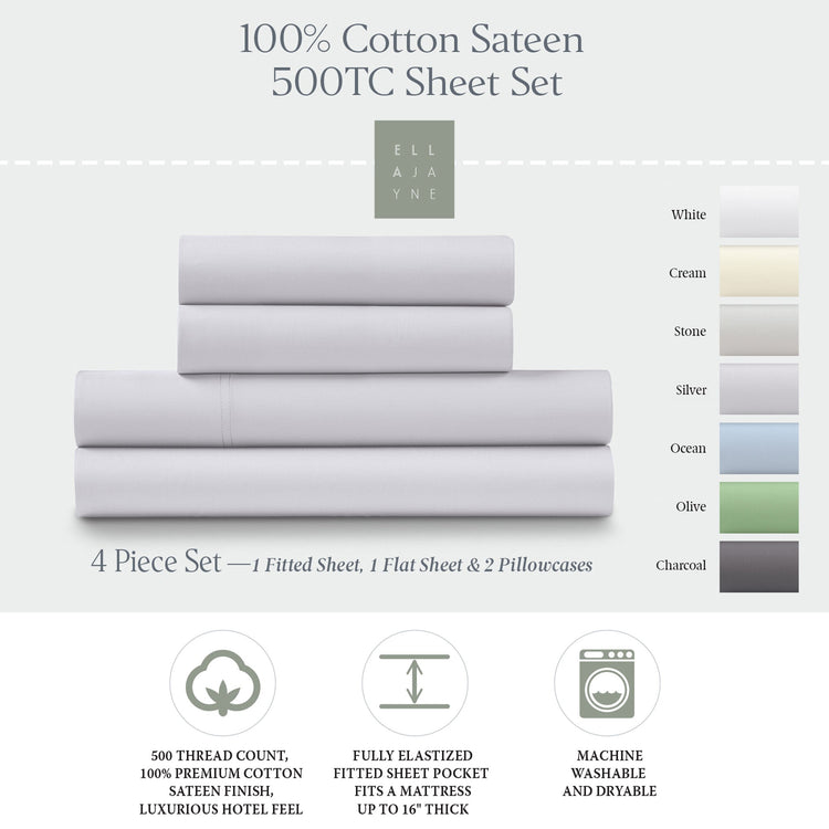 Ella Jayne 500 Thread Count Cotton Sateen 4-Piece Sheet Set - Lilac