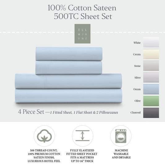 Ella Jayne 500 Thread Count Cotton Sateen 4-Piece Sheet Set - Ocean
