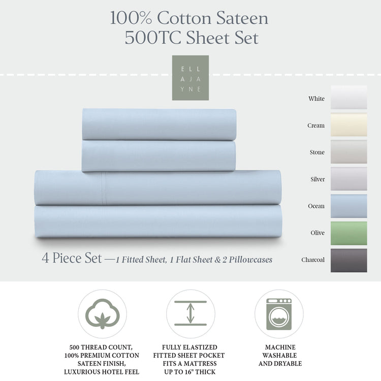 Ella Jayne 500 Thread Count Cotton Sateen 4-Piece Sheet Set - Ocean