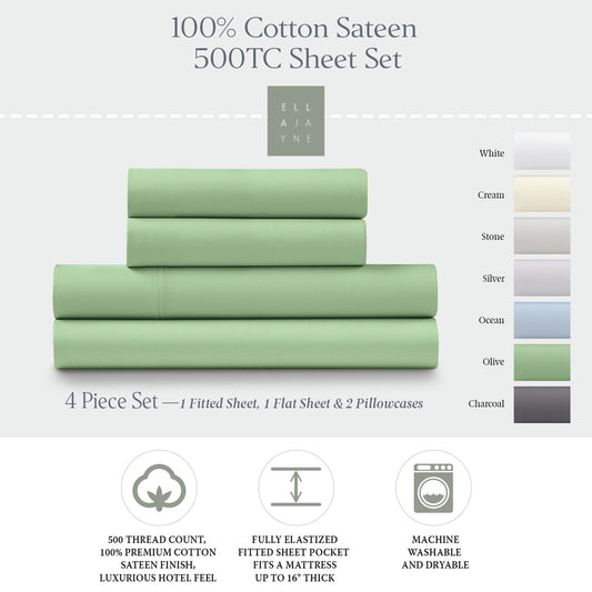 Ella Jayne 500 Thread Count Cotton Sateen 4-Piece Sheet Set - Olive