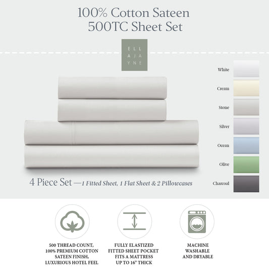 Ella Jayne 500 Thread Count Cotton Sateen 4-Piece Sheet Set - Stone