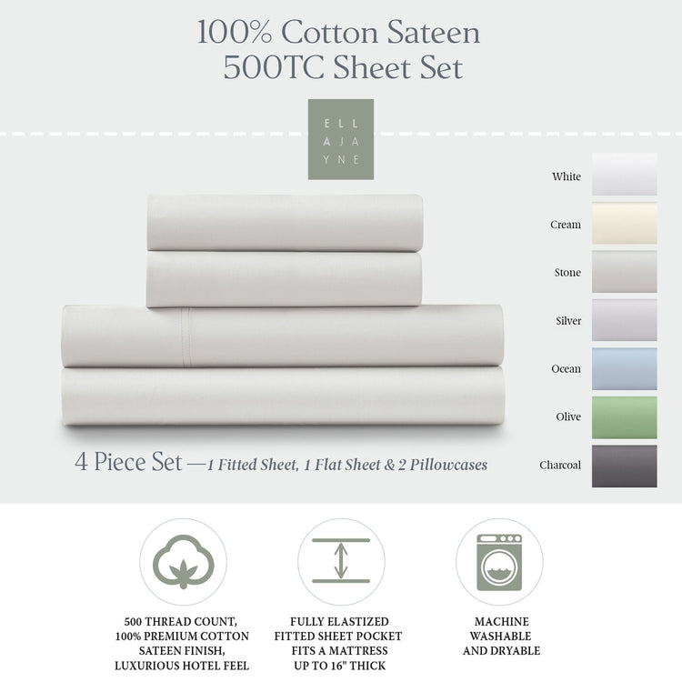 Ella Jayne 500 Thread Count Cotton Sateen 4-Piece Sheet Set - Stone