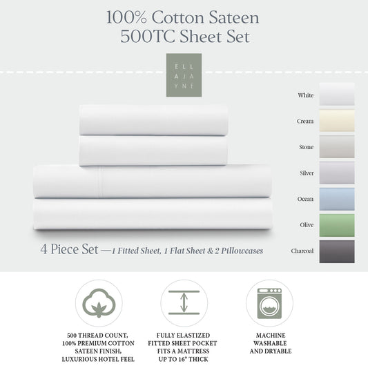 Ella Jayne 500 Thread Count Cotton Sateen 4-Piece Sheet Set - White