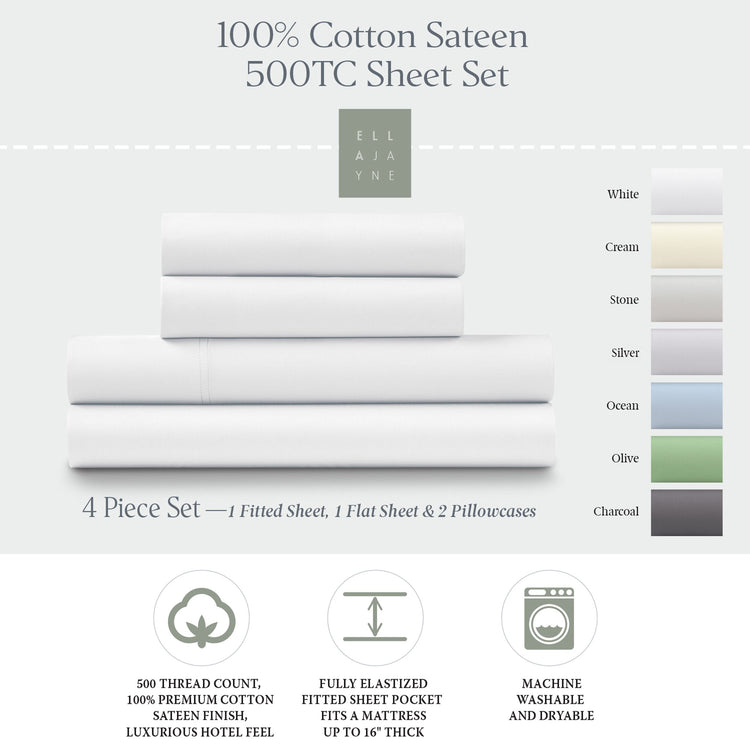 Ella Jayne 500 Thread Count Cotton Sateen 4-Piece Sheet Set - White