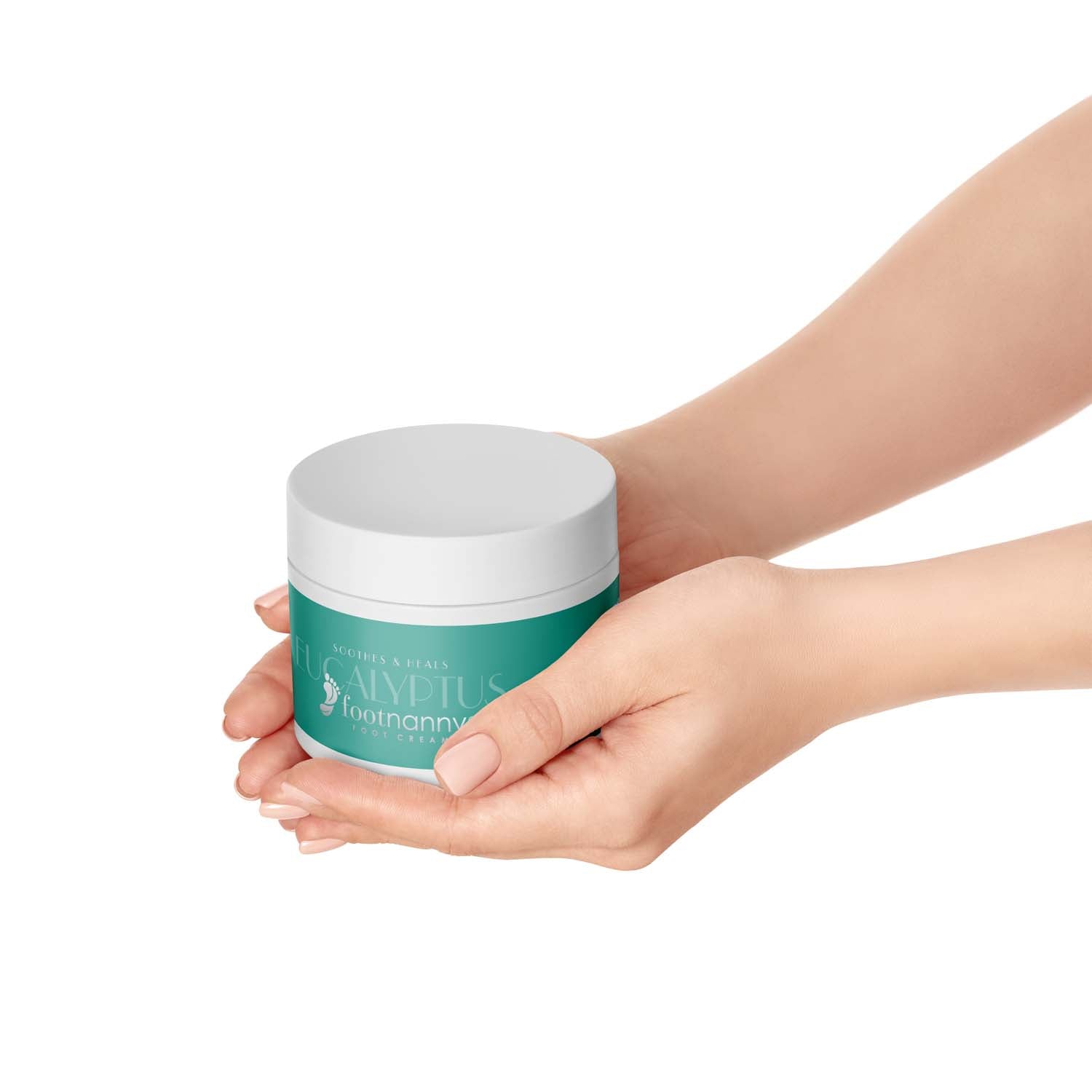 Person holding a teal jar with a white lid on a white background