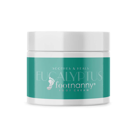 Eucalyptus foot cream jar with green label on a white background