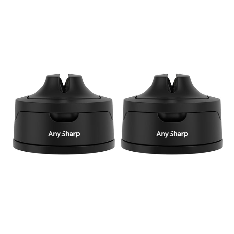 Two black Any Sharp knife sharpeners on a white background