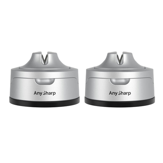 Two black Any Sharp knife sharpeners on a white background