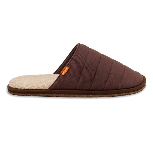 Pair of brown quilted slippers with beige lining on a white background