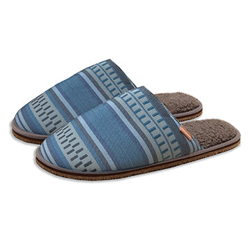 Pair of blue striped slippers on a white background