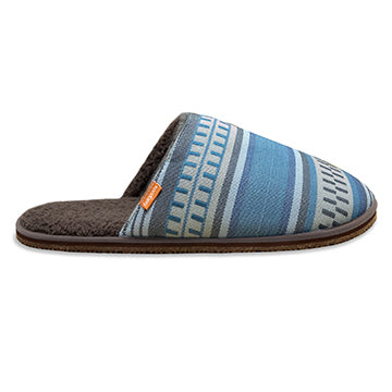 Pair of blue striped slippers on a white background