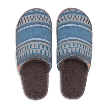 Pair of blue striped slippers on a white background