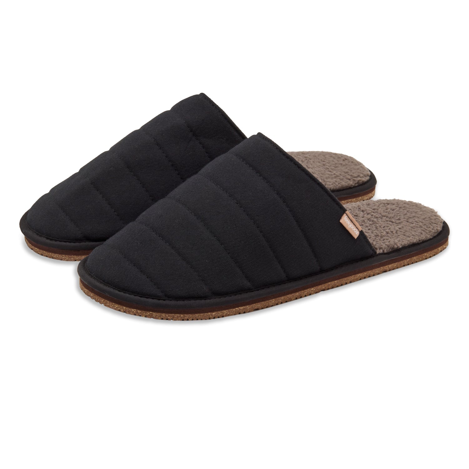 Pair of black slippers with quilted design on a white background
