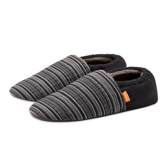 Pair of black and gray striped slippers on a white background