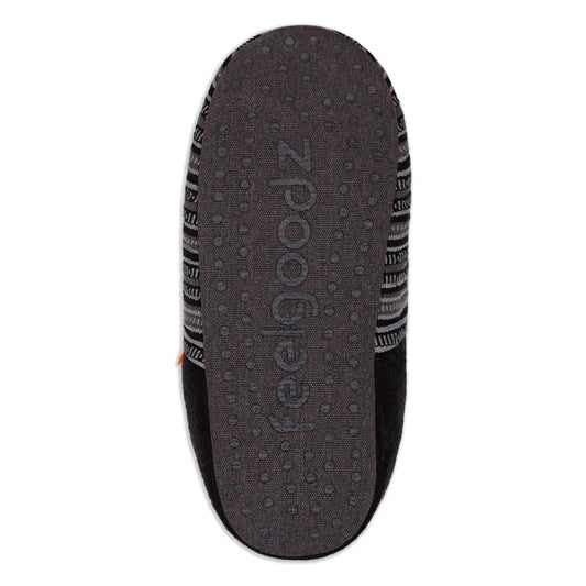 Pair of black and gray striped slippers on a white background