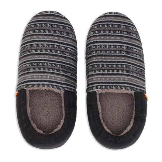 Pair of black and gray striped slippers on a white background