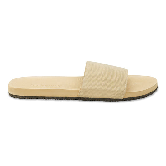 Beige slide sandals with a brand logo on a white background