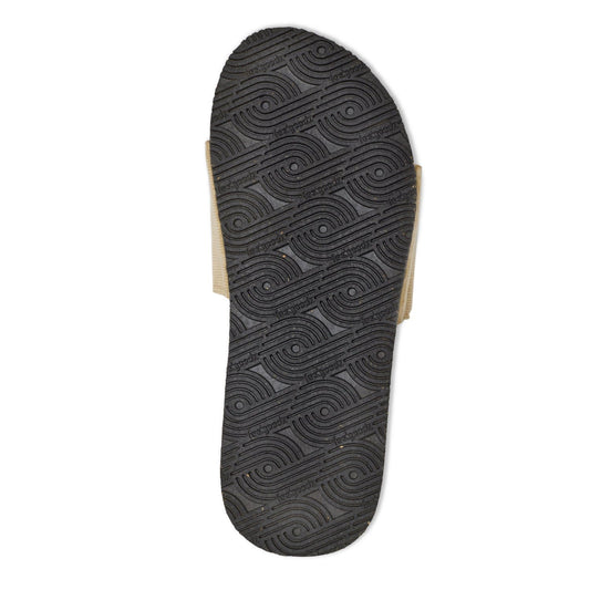 Beige slide sandals with a brand logo on a white background