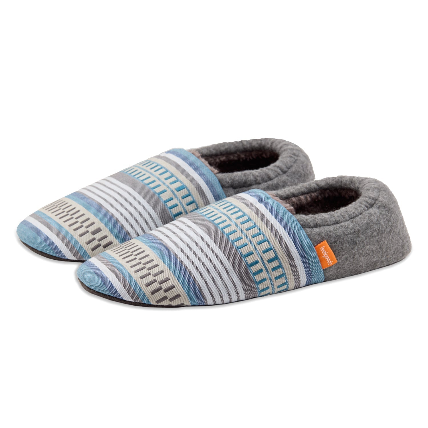 Pair of gray and blue striped slippers on a white background