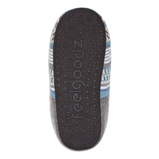 Pair of gray and blue striped slippers on a white background