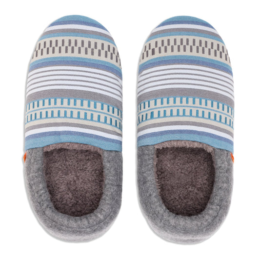 Pair of gray and blue striped slippers on a white background