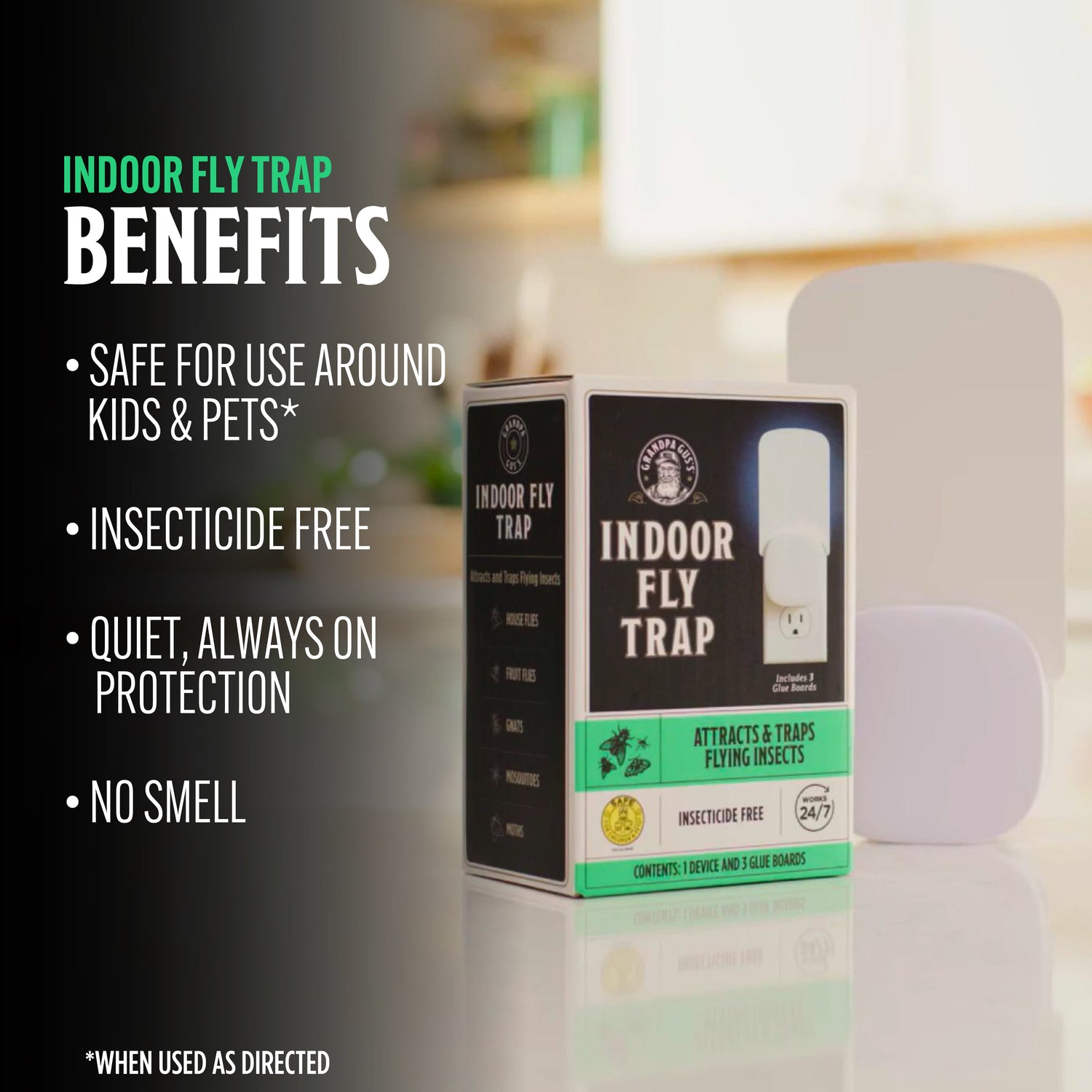 Indoor fly trap packaging with benefits listed on a blurred background