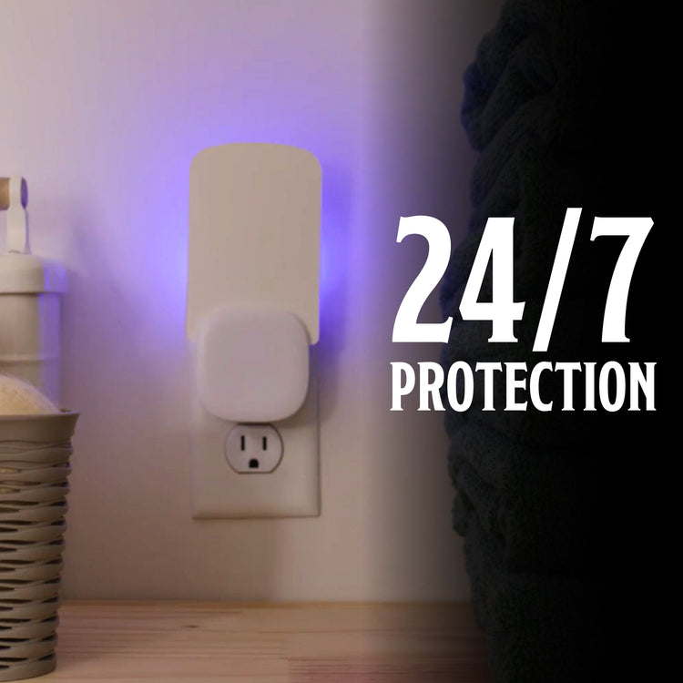 Security device attached to a wall outlet with '24/7 Protection' text.
