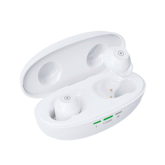 White wireless earbuds in a charging case on a white background