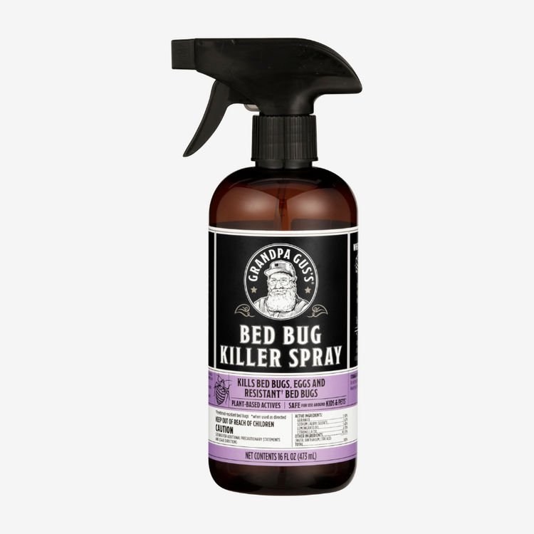 Grandpa Gus' bed bug killer spray bottle on a white background