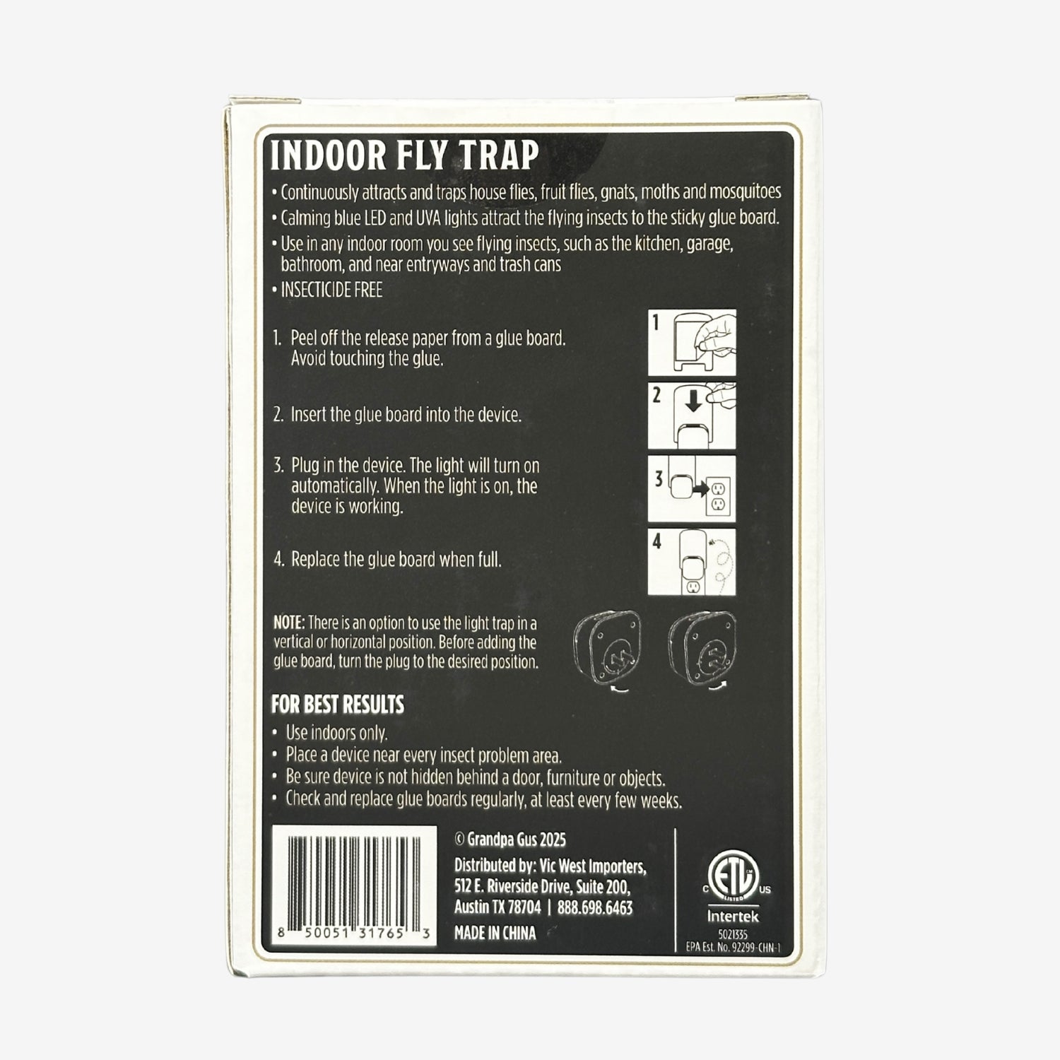Back of an indoor fly trap packaging with instructions and branding.