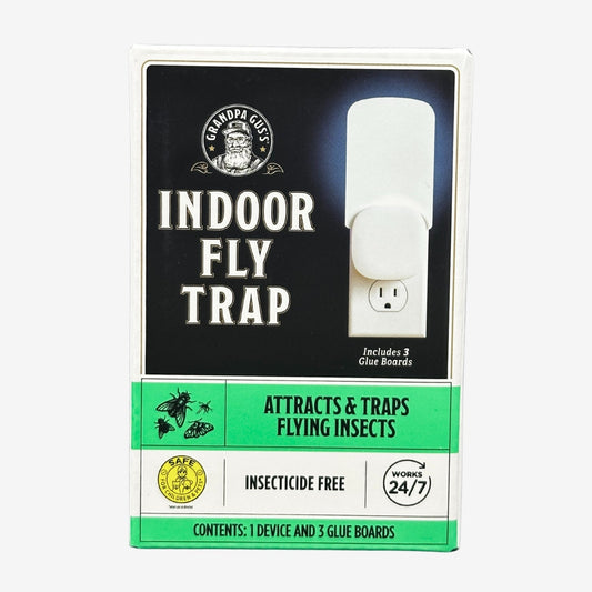 Indoor fly trap with adhesive strips and packaging on a white background