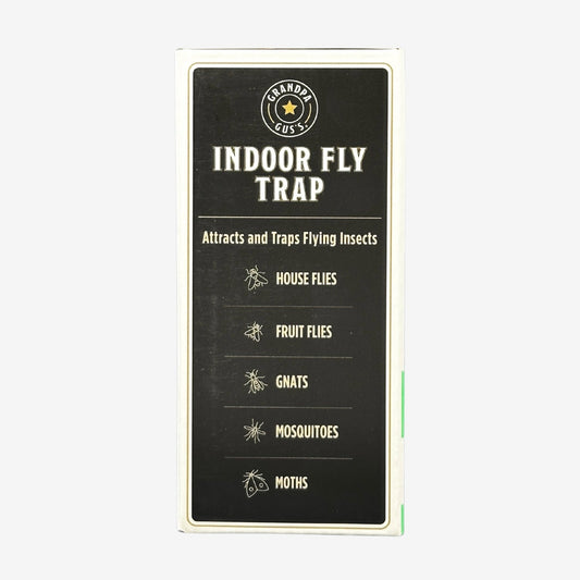 Indoor fly trap with adhesive strips and packaging on a white background