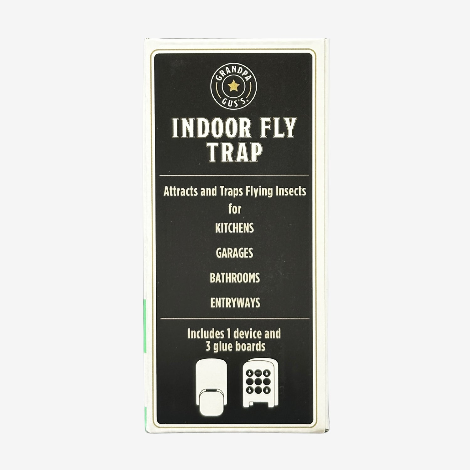 Box of indoor fly trap with product details on a white background