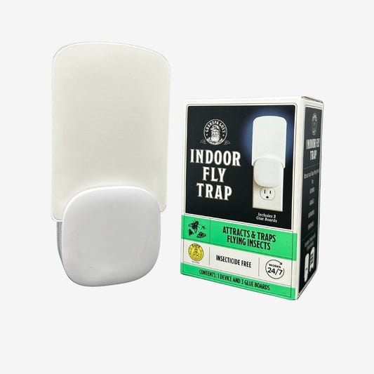 Indoor fly trap with adhesive strips and packaging on a white background