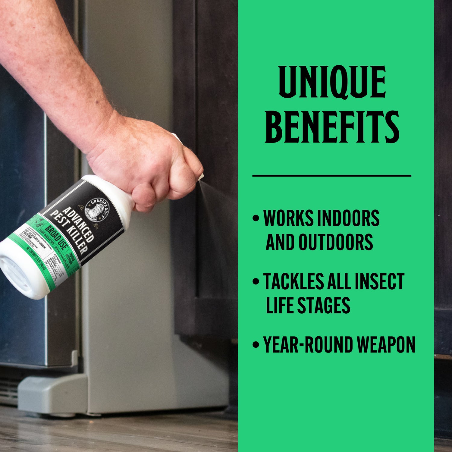 Hand holding a pest killer spray bottle with text listing unique benefits on a green background.