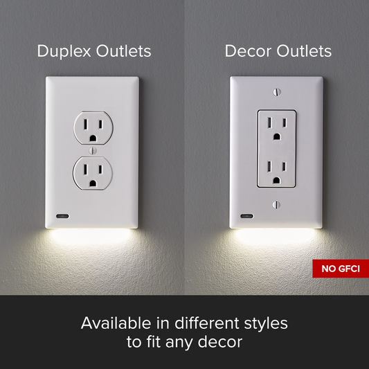 A white 2-pack of GuideLight outlet cover plates with built-in LED lights, mounted on a blue wall with the outlets visible at the bottom.