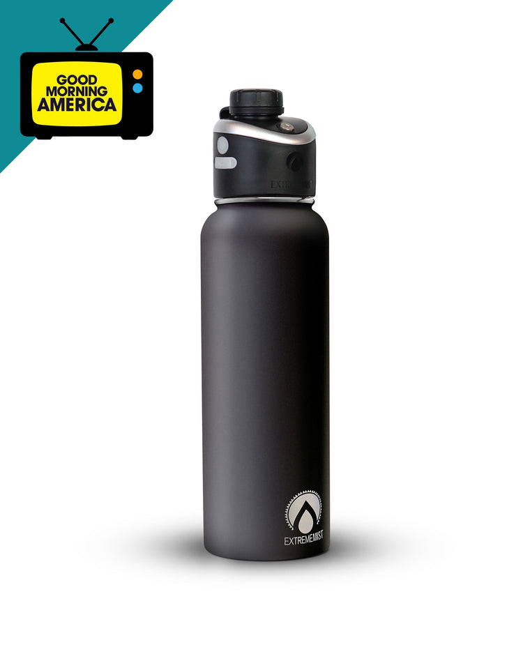 Black water bottle with a logo on a white background, featuring the 'Good Morning America' logo.