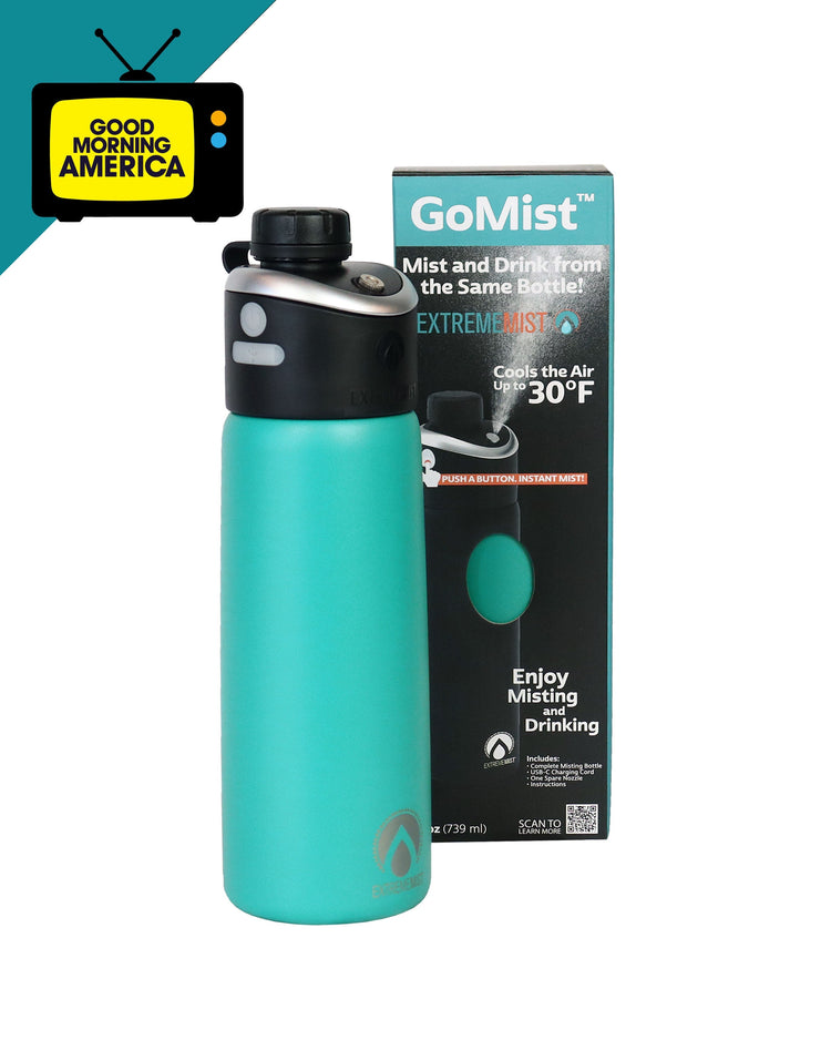 Turquoise water bottle with black lid and GoMist packaging on a white background