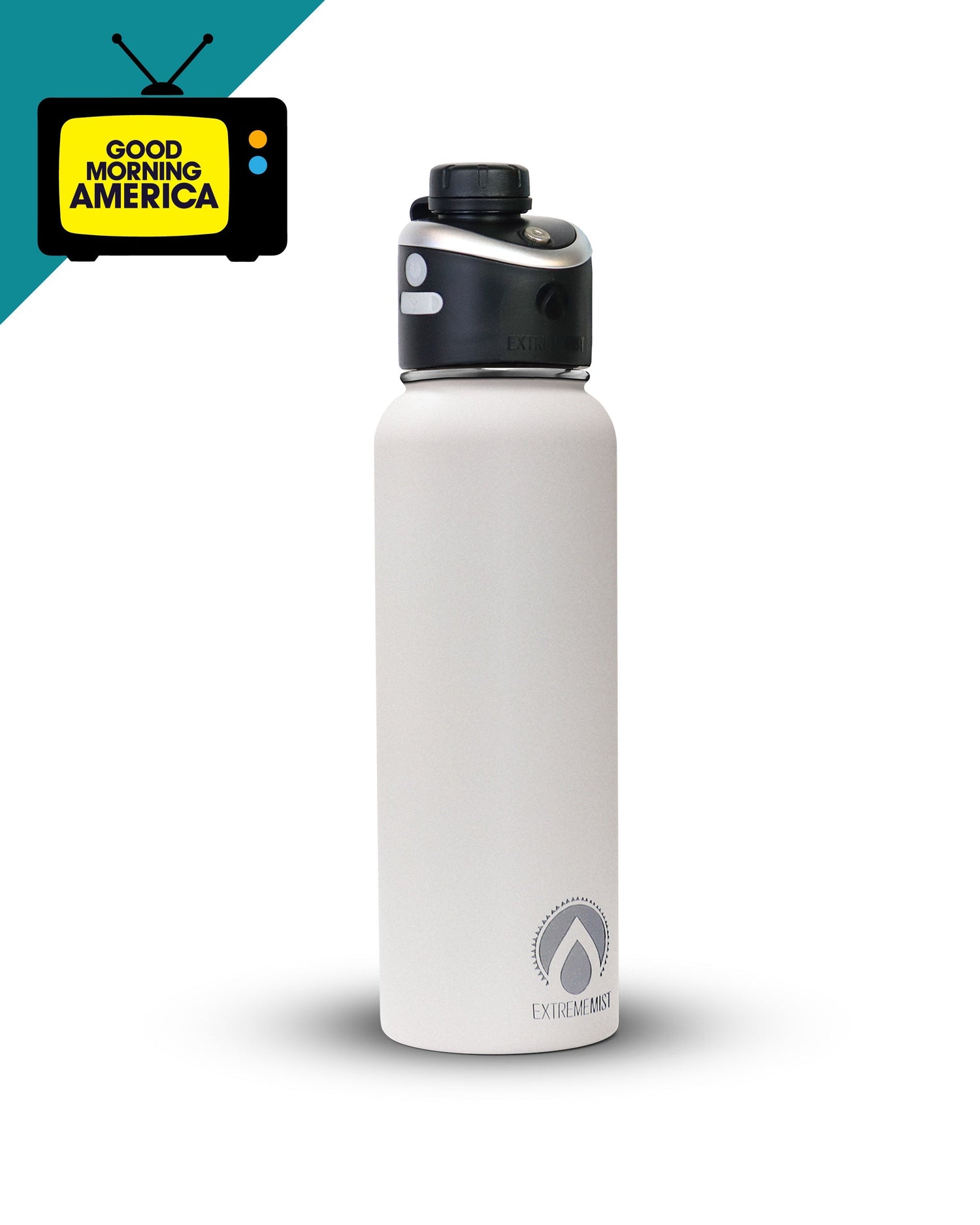 White water bottle with black cap on a white background, featuring the Good Morning America logo.