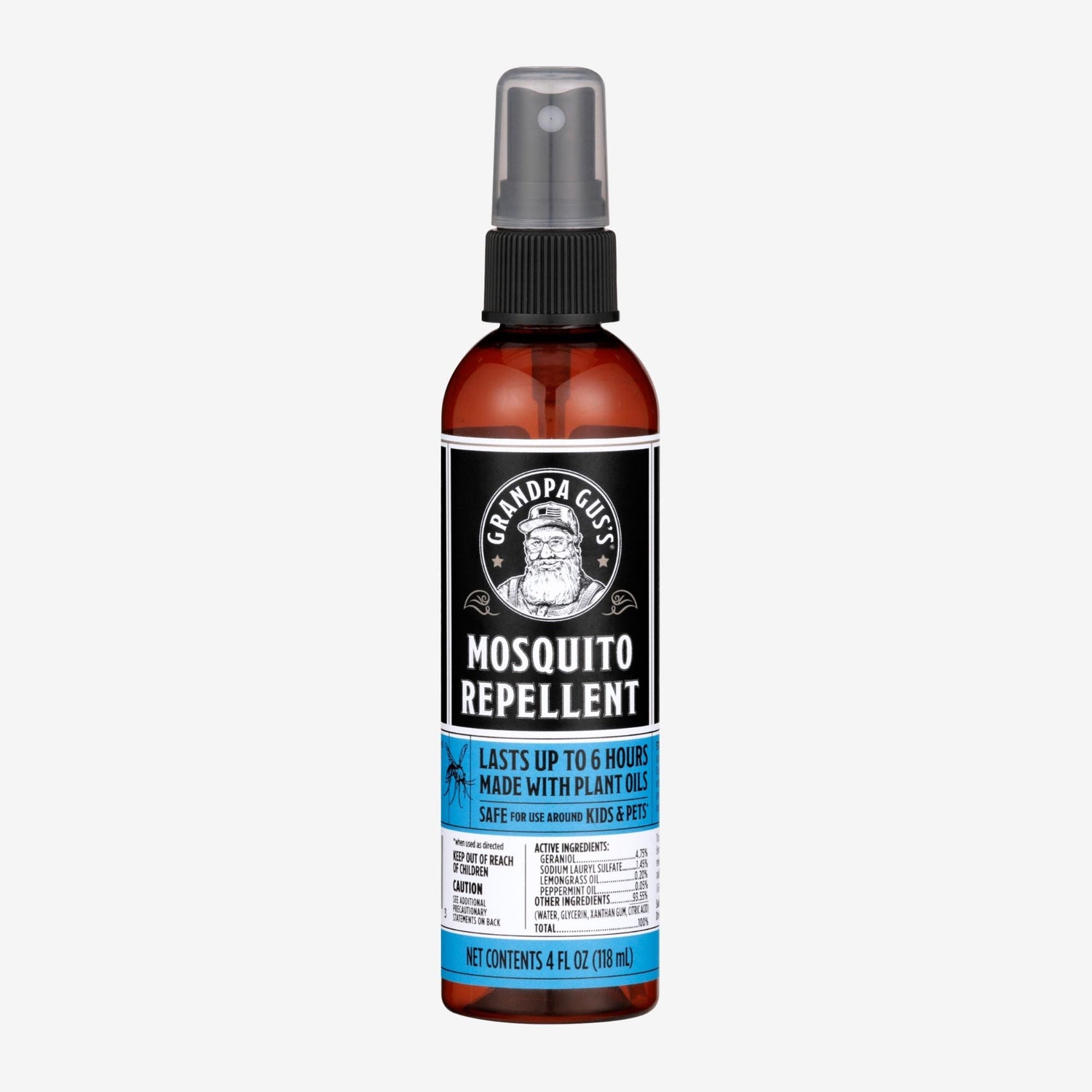 Mosquito repellent spray bottle with label on a white background