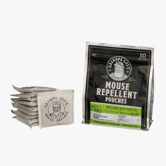 Mouse repellent pouches with packaging labeled 'Grandpa Gus's Mouse Repellent Pouches' on a white background.
