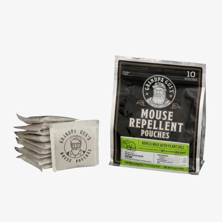 Mouse repellent pouches with packaging labeled 'Grandpa Gus's Mouse Repellent Pouches' on a white background.