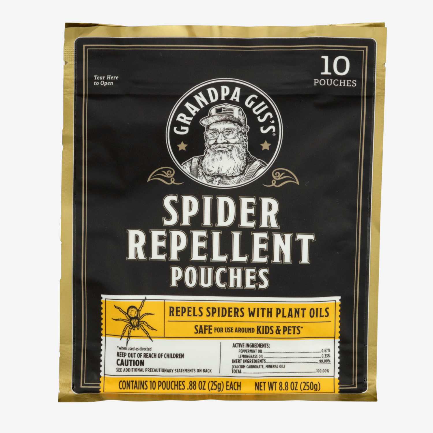 Pack of Grandpa Guss's Spider Repellent Pouches on a white background